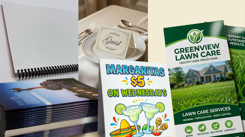 Spiral bound books table-tents and laminated rack cards